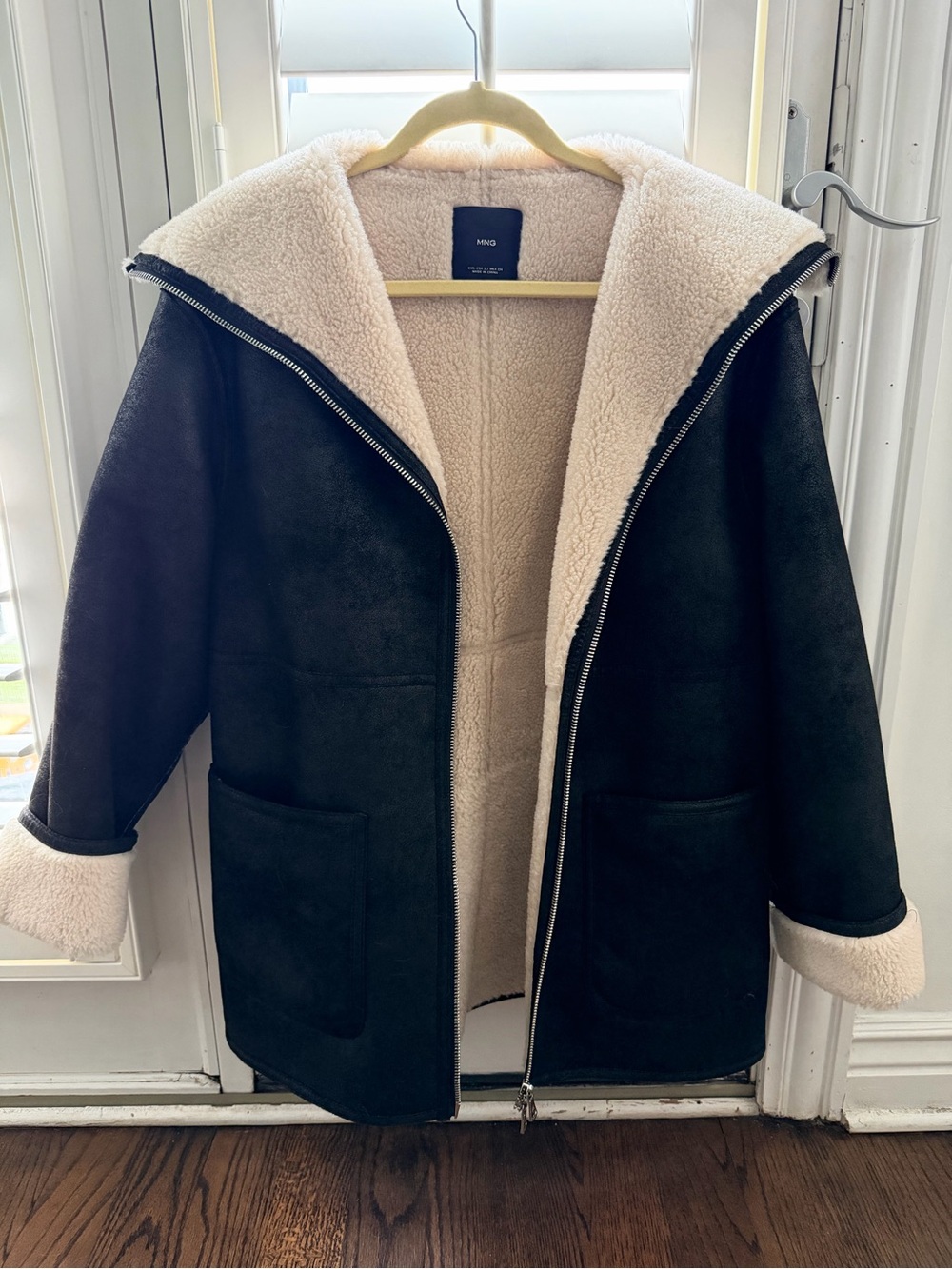 Mango Black Faux-Suede Teddy Coat with Cream Shearling Lining